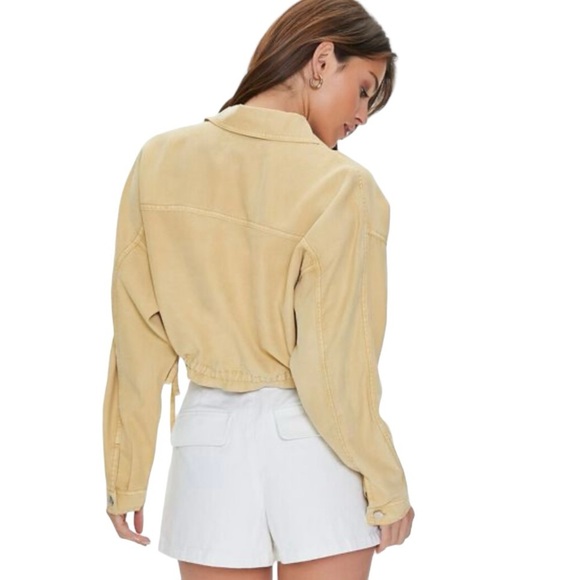 Forever 21 Cropped Drawstring Twill Jacket Size M Button Front Light Yellow - Picture 2 of 11
